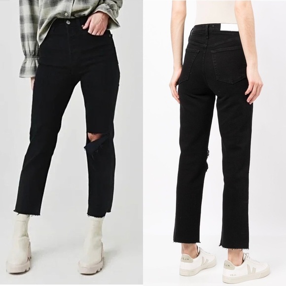 NWT RE/DONE 70s High Rise Rip Knee Raw Hem Ankle Crop Stovepipe Straight Jean 26 - Picture 4 of 13